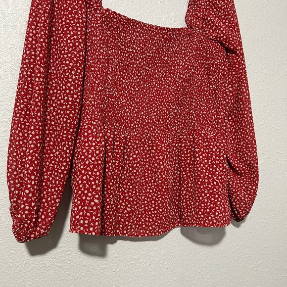 Madewell Lucie Smocked Peplum Top Red Floral Size 6 Square Neck Balloon Sleeve - Picture 4 of 9